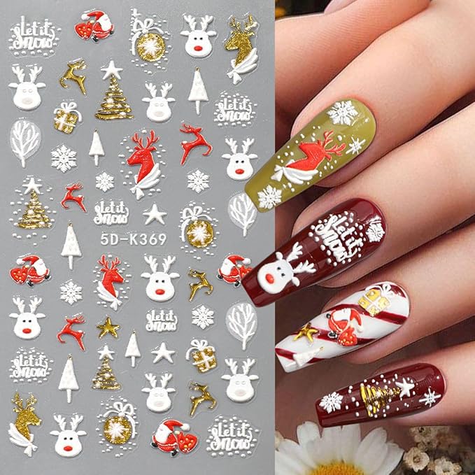4 Sheets 5D Embossed Christmas Nail Art Stickers Decals Cute Xmas Elk Snowman Snowflakes Nail Stickers Christmas Tree Santa Claus Reindeer Nail Decals for Women DIY Manicure Winter Holiday Nail Decor