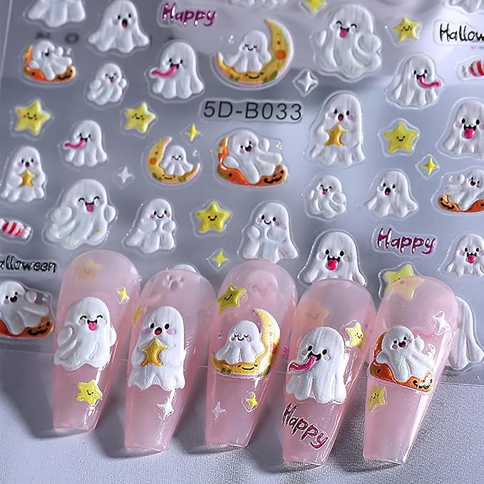 3 Sheets Halloween Nail Art Stickers Ghost Spider and Pumpkin Nail Stickers Cute Nail Decals for Nails Art 3D Self-Adhesive Nail Art Supplies for Women Girls