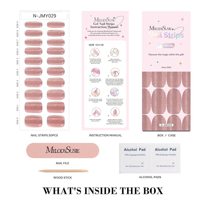 MelodySusie Pink Cat Eye Gel Nail Strips, 20 Pcs, Salon Quality, Long Lasting, Easy Apply & Remove, Includes Prep Pads, Nail File & Wooden Stick