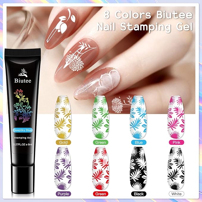Biutee Nail Stamper Kit 12Pcs Nail Art Stamping Plate 8 Colors Stamp Polish Gel with Top Coat and Base Coat Set Silicone Stamper Scraper, Nail Stamp Plates Love Flower Butterfly Leaf Halloween Design