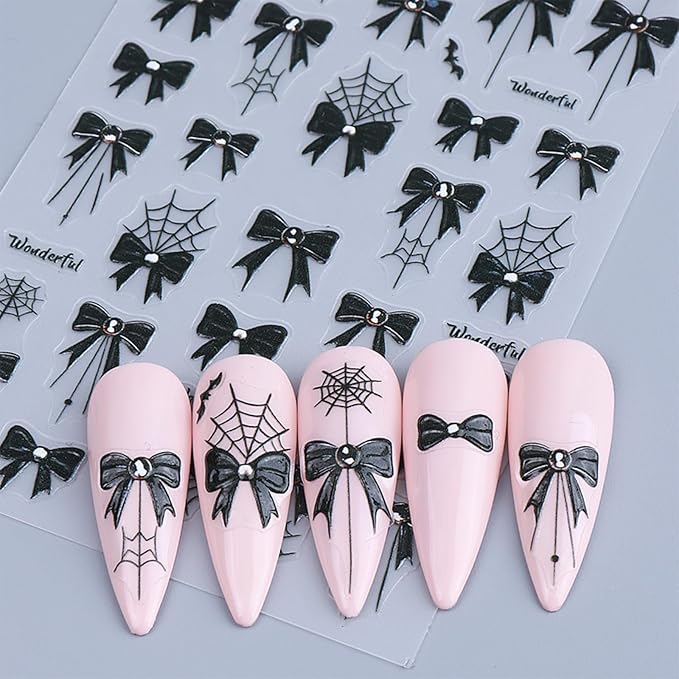Halloween Nail Stickers Spider Web 5D Embossed Self-Adhesive Nail Decals with Rhinestones Cute Black Bow-Knot Spider Web Pattern Nail Art Designs for Halloween Party DIY Manicure Decorations 3 Sheets