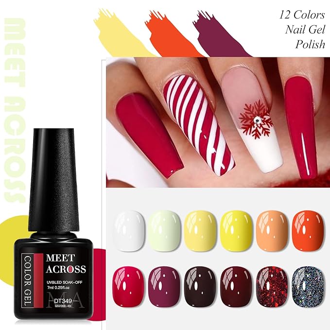 MEET ACROSS 12PCS Gel Nail Polish Set, 12 Colors Gel Nail Kit Art Design Soak Off UV LED,Nail Art Design Gifts for Women (Fall, 12PCS)
