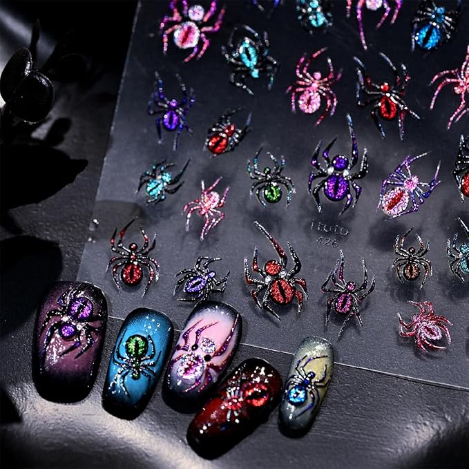 5D Embossed Spider Nail Stickers for Nail Art Halloween Nail Art Stickers Glitter Colorful Spider Nails Decals Holiday Nails Supplies for Women Halloween Acrylic Manicure Decoration Accessories 1Pcs
