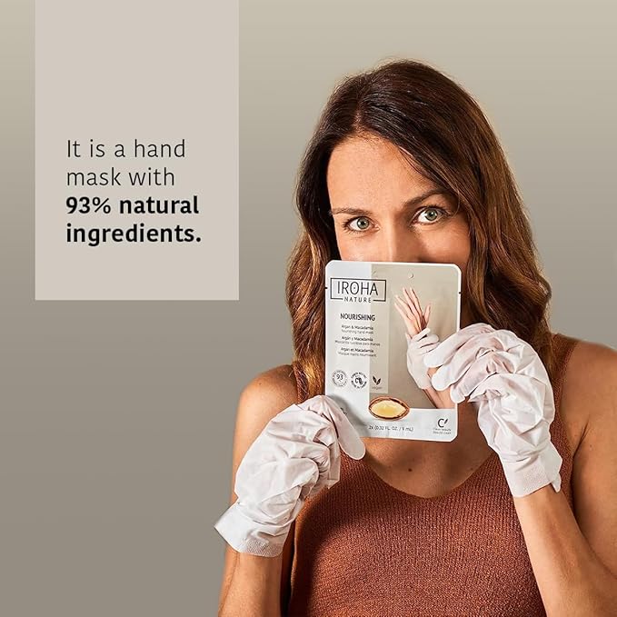 IROHA NATURE Nourishing Hand Mask Gloves | 4 Pairs | Argan & Macadamia Oil | Intense Nutrition for Dry Hands | 93% Natural Ingredients | Vegan