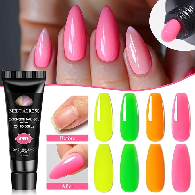 MEET ACROSS Poly Nail Gel 10Pcs Nail Extension Gel Set and Nail Extension Starter Kit for Beginners Nail Art DIY Home Gifts for Women (Neon, 12pcs)