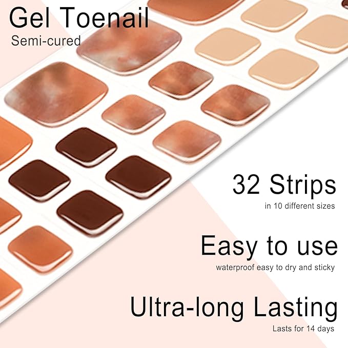 Semi Cured Gel Toenail Strips, 32 Mocha Marble Gel Toenail Stickers - Works with Any UV Lamps Pedicure Strips Full Nail Wraps with Nail File & Wood Stick