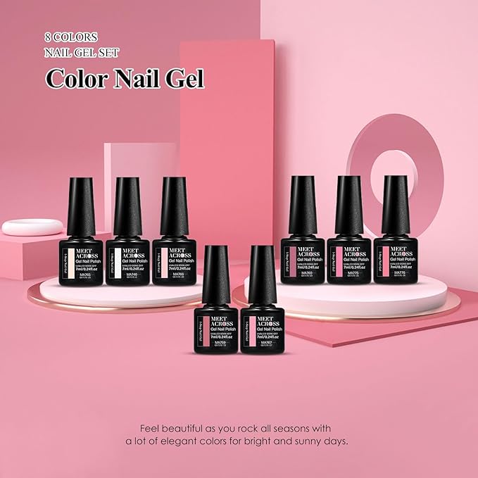 MEET ACROSS 1 Step Gel Polish Set Nail Art Manicure 3 in 1 Gel Kit Soak Off LED Gel Nail Varnishes No Need base gel top coat (Set-6, 8PCS)