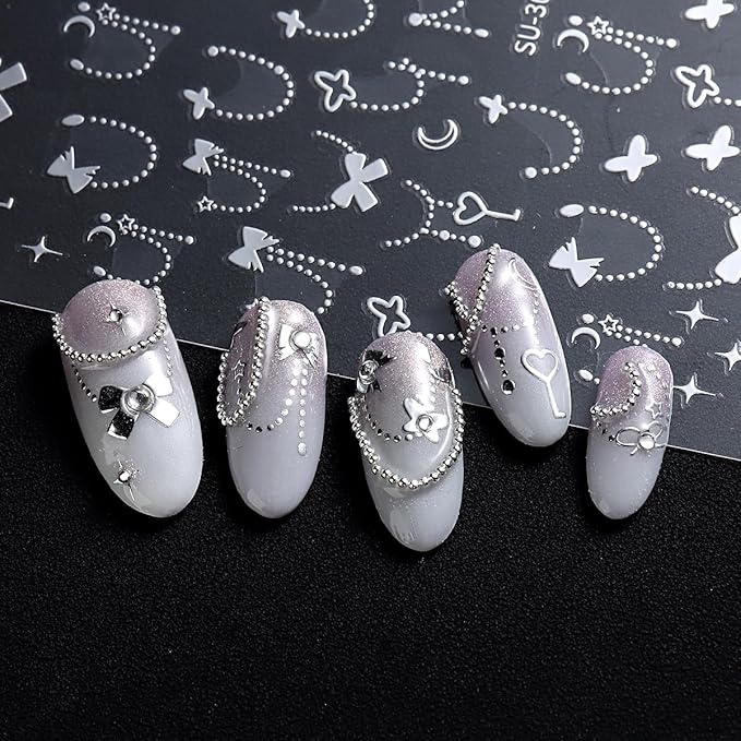 Silver Gold Bow Heart Nail Art Stickers, 6 Sheets 3D Self-Adhesive Nail Decals for Women and Girls, Nail Art Design Shiny Supplies Decoration Accessories