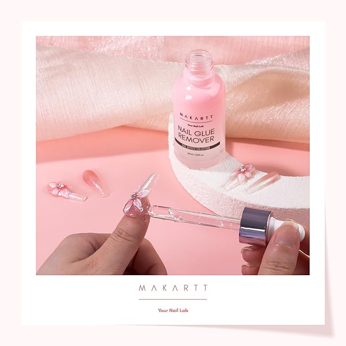 Makartt Press on Nail Glue Remover: Updated Formula with Vitamin E | Glue Debonder with 5 Wooden Sticks,1 Dropper Applicator for Quicker Application,Non-Acetone,Hema-free Glue off 30 ml