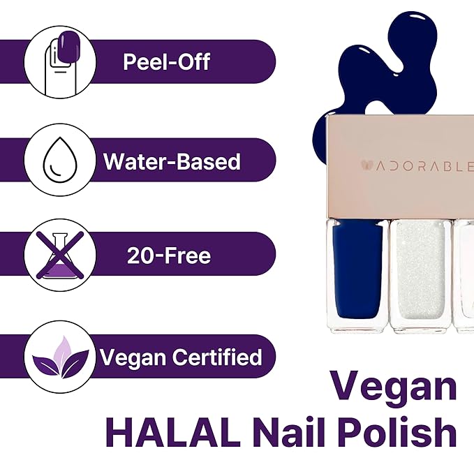 Breathable Halal Vegan Nail Polish – Water-Based 3pc Set (Blue & Sparkle + Clear Top Coat) | Non-Toxic, Eco-Friendly, 0.51 fl oz