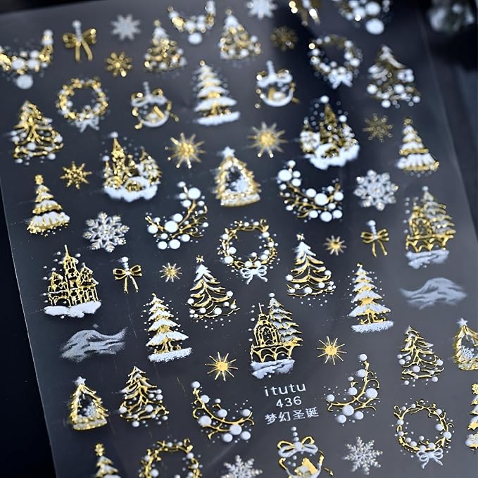 Christmas Nail Art Stickers 5D Embossed Xmas Tree Snowflake Nail Decals White Gold Christmas Nail Stickers for Nail Art Self Adhesive Nail Supplies Design for Women Girls
