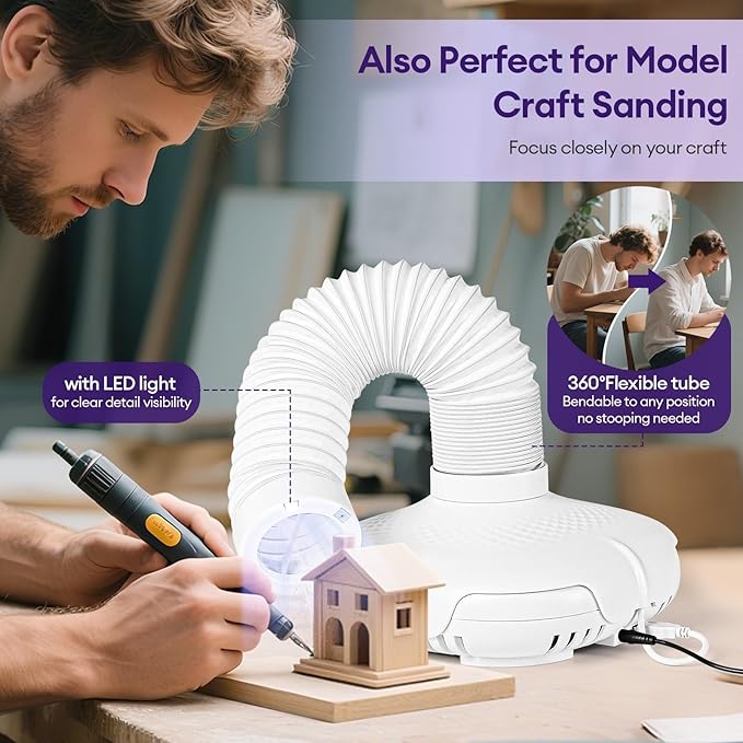 Nail Dust Collector Tech Professional with LED Light & 360° Flexible Tube, Powerful Suction (650PA), 3 Adjustable Speeds, Ultra-Quiet (45-60dB) for Dust-Free Manicure, Pedicure, Model/Craft Sanding