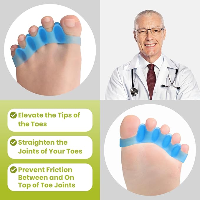 Bukihome Toe Separators, 4 Pair Soft Gel Toe Spacers to Correct Bunions, Toe Stretcher for Therapeutic Relief from Plantar Fasciitis, Foot Pain for Women & Men,Blue+S