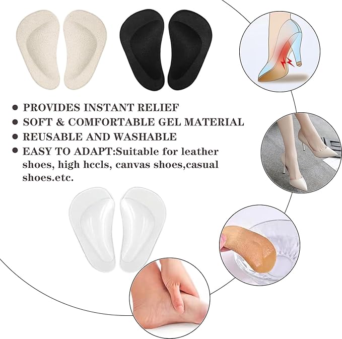 Correct-Position Gel Arch Support Insoles: Plantar Fasciitis & Flat Feet Relief, Adhesive Foot Pads for Pressure-Free Comfort- 6 Pairs