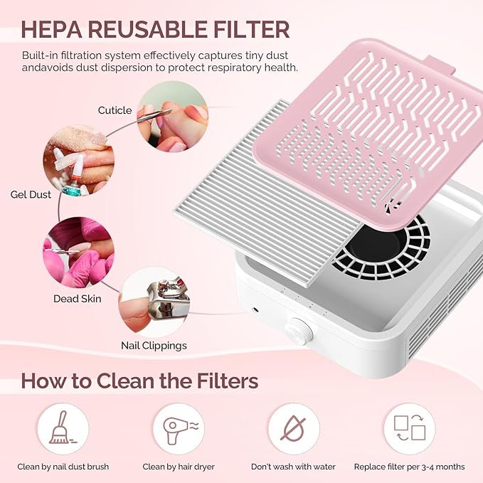 LIONVISON Nail Dust Collector for Acrylic: 120W Professional Nails Dust Collector With Reusable HEPA Filter For Home Salon Use - Portable 3 Speed Vacuum DIY Manicure For Nail Art Beginners (Pink)