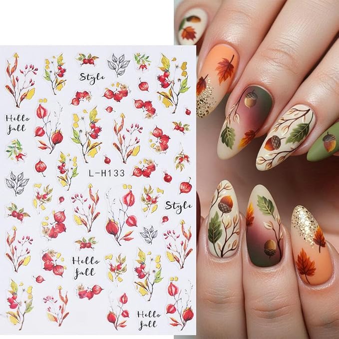 Fall Nail Art Stickers Autumn Maple Leaf Nail Decals 6PCS Fallen Leaf Pumpkins Foxes Pinecone Fall Nails Design Adhesive Stickers Nail Art Supplies for Thanksgiving Day Women Manicure Nail Decorations