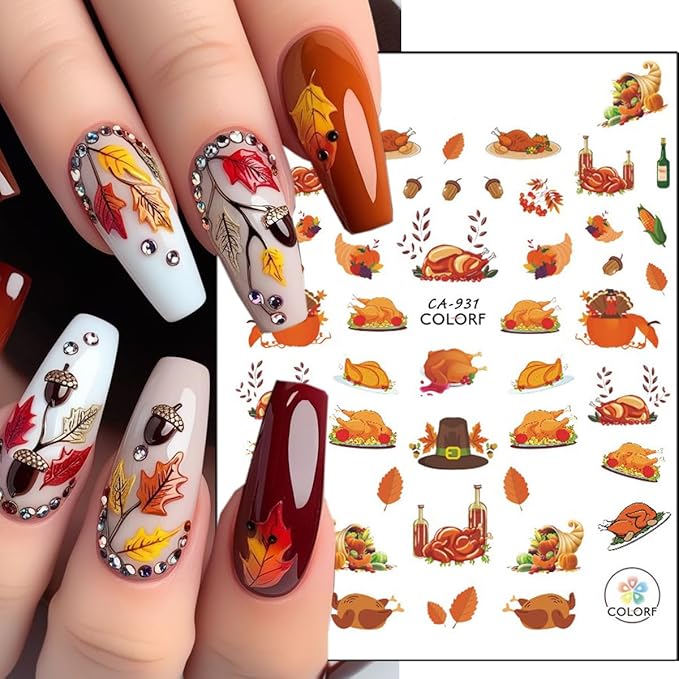 6Sheets Fall Nail Stickers 3D Cute Turkey Pumpkin Nail Decals Self Adhesive Thanksgiving Nail Art Stickers Autumn Maple Leaf Nail Decoration Accessories Squirrel Manicure Supplies for Women DIY