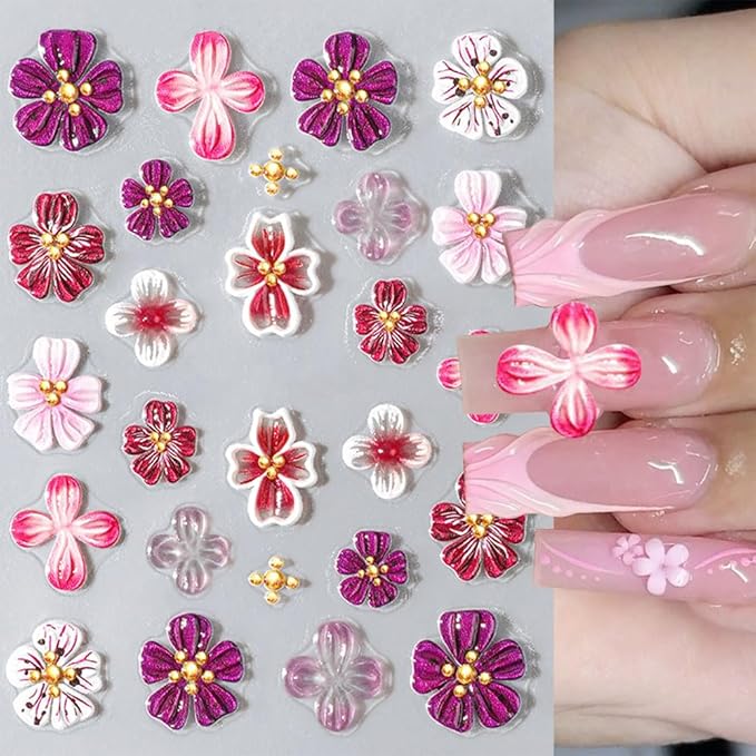 2 Sheets Flower Nail Stickers for Nail Art, 5D Embossed Hibiscus Nail Decals Self Adhesive Spring Summer Floral Nail Supplies for Women Girls Manicure Decoration