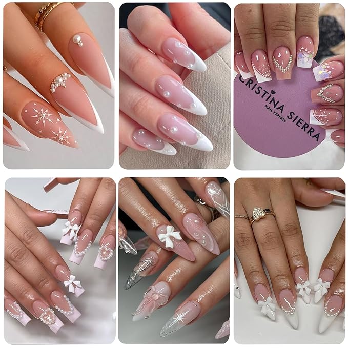 Bow Nail Art Charms with Rhinestones Glue Gel White Flatback Pearls Luxurious Nail Charms Supplies Accessories White Pearls Silver Steel Ball Nails Gems Jewelry for Women Nails Design