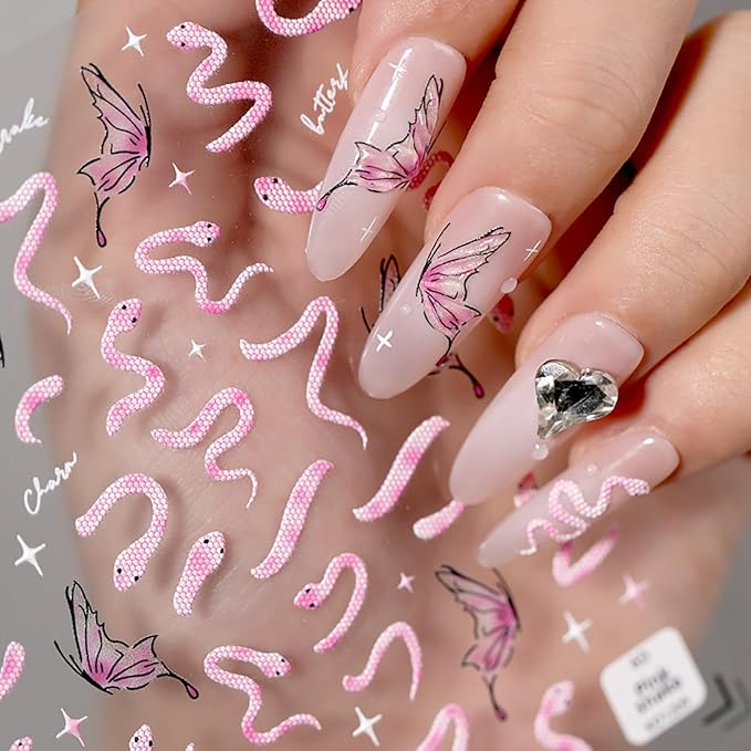 Pink Snake Nail Stickers Butterfly Nail Art Stickers 3D Self-Adhesive Snake Butterfly Star Design Nail Decals Halloween Acrylic DIY Nails Decoration Accessories for Women Holiday Nails