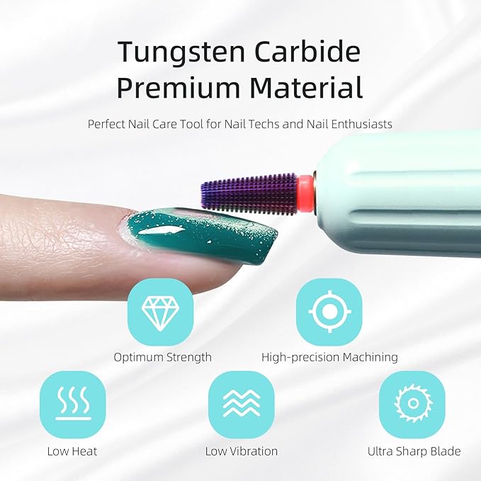 Purple 5 in 1 Nail Drill Bit, 15mm Tapered Drill Bits for Nails, 3/32" Professional Straight Cut Two-way Carbide Nail Bits, Electric Manicure Gel Polish Acrylic Powder Removal Tool, Fine