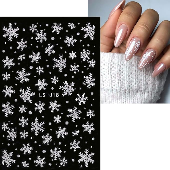 8 Sheets Christmas Snowflake Nail Art Stickers - White Glitter 3D Self-Adhesive Design for Winter Manicure - Cute Decals for Women