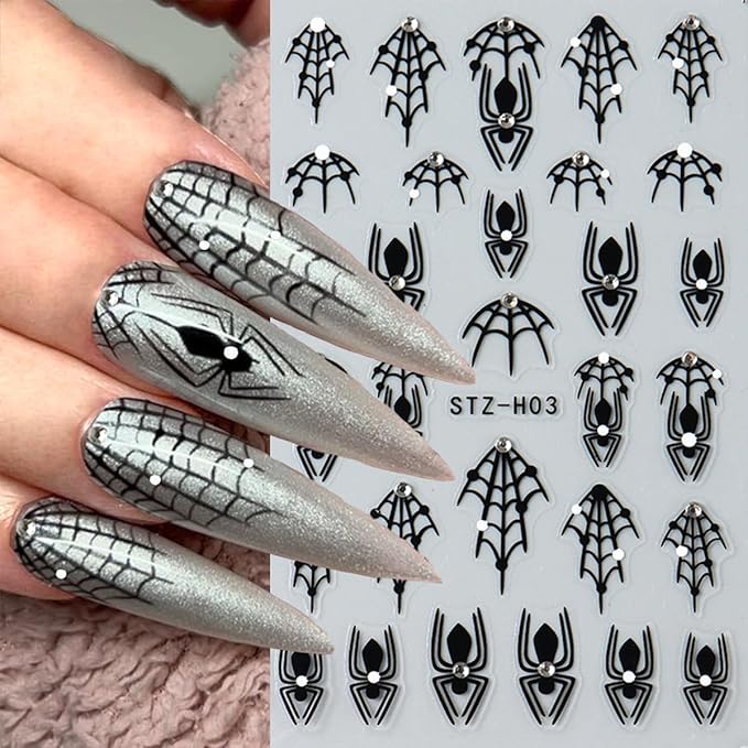 6Pcs Halloween Nail Art Stickers Decals Black Red Spider Nail Stickers with Rhinestones Design Heart Spider Web Nail Decals 3D Bat Blood Moon Star Horror Halloween Stickers for Women Manicure Supplies