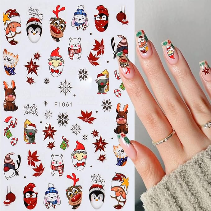 10PCS Christmas Nail Stickers for Kit- 3D Xmas Winter Nail Decals with Cartoon Elk Snowflake Santa Claus Snowman Bell Reindeer Bell Tree Design Holiday DIY Manicure New Year Christmas Nail Decoration