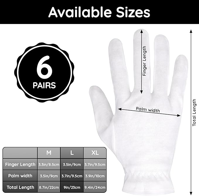 Segbeauty 12 Counts White Sleep Gloves, Hand Moisturizing Gloves with Elastic Band, 6 Pairs Cotton Moisturizing Gloves for Hands, Sleeping Gloves for Hand Overnight, White Cotton Gloves for Men Large