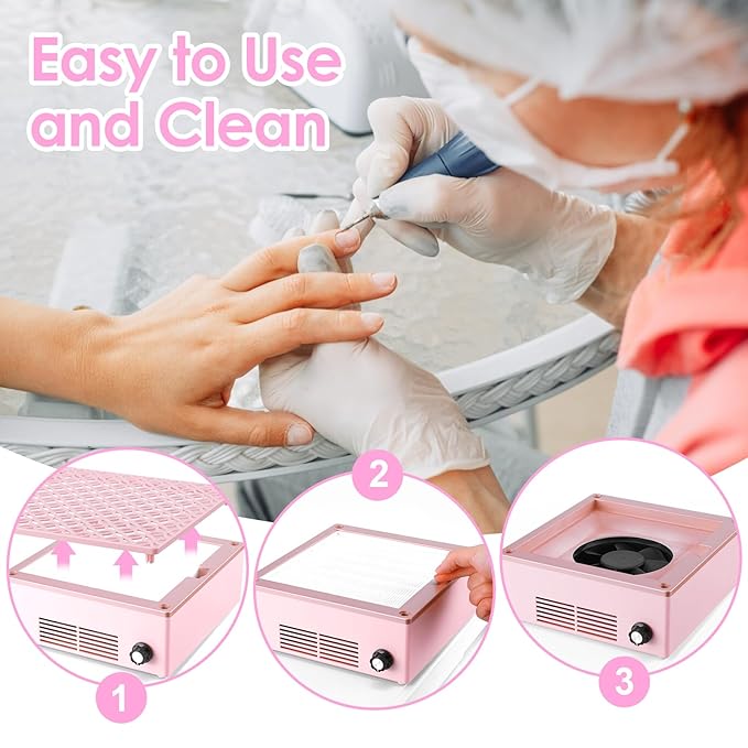 Nail Dust Collector Dust Collector Machine Reusable Filter & Powerful 120W (Pink, Adjustable Speed Version)