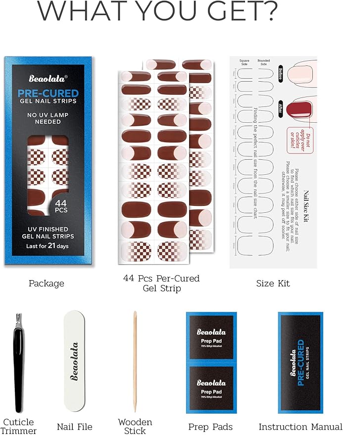 Pre Cured Gel Nail Strips - 44PCS Salon Quality Gel Nail Stickers - Long Lasting Polish Wraps for Women no UV Light Needed Easy Apply& Remove (Chestnut Brown）