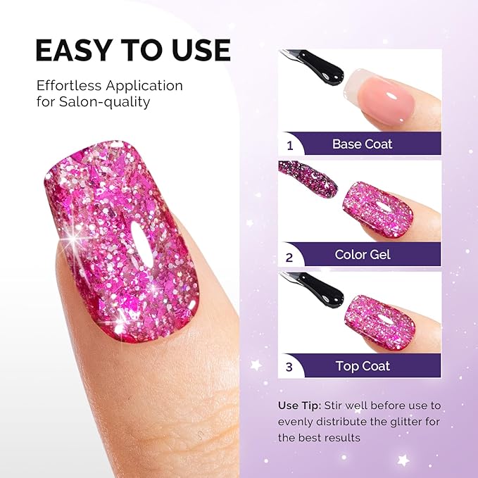 MelodySusie Galaliver Glitter Gel Nail Polish, 15ML Sparkly Shimmer Gel Polish Soak Off UV LED Cured Long Lasting Gift for Women DIY Nail Design Nail Art Manicure Romantic Pink X14