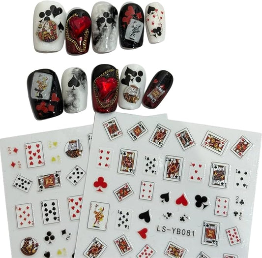 3D Self-Adhesive Nail Stickers - Poker Theme with Hearts & Diamonds, Trendy Fashion Nail Art Designs for Women A Set of 2 Sheets
