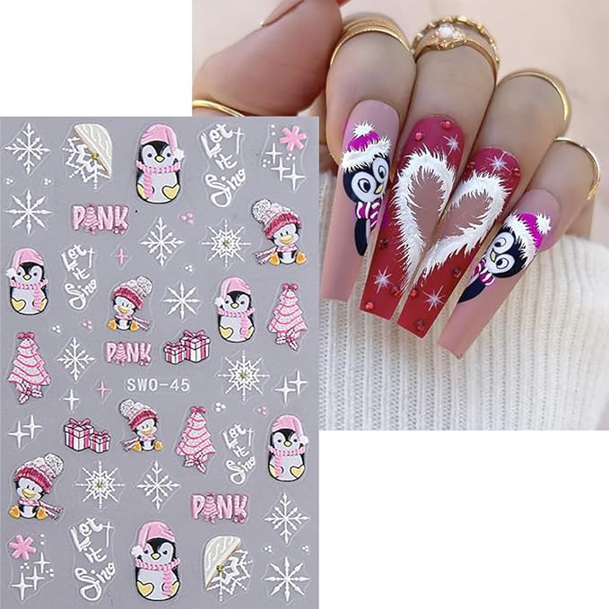 8 Sheets Christmas 5D Embossed Nail Art Stickers for Nail Art Red Glitter Nail Decals Self Adhesive Snowflake Elk Gingerbread Santa Claus Nail Design Stickers Winter Holiday Nail Sticker for Women
