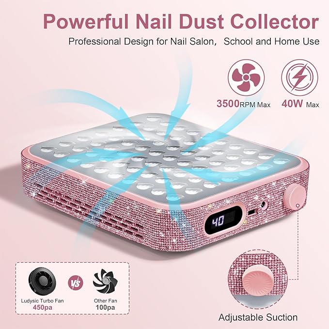 Nail Dust Collector with 2 Reusable Filters,Nail Vacuum Dust Collector Quiet for Nail Tech Art, Powerful Nail Fan and Duster Collector,Nail Vacuum Cleaner for Salon and Home(Pink Diamond)