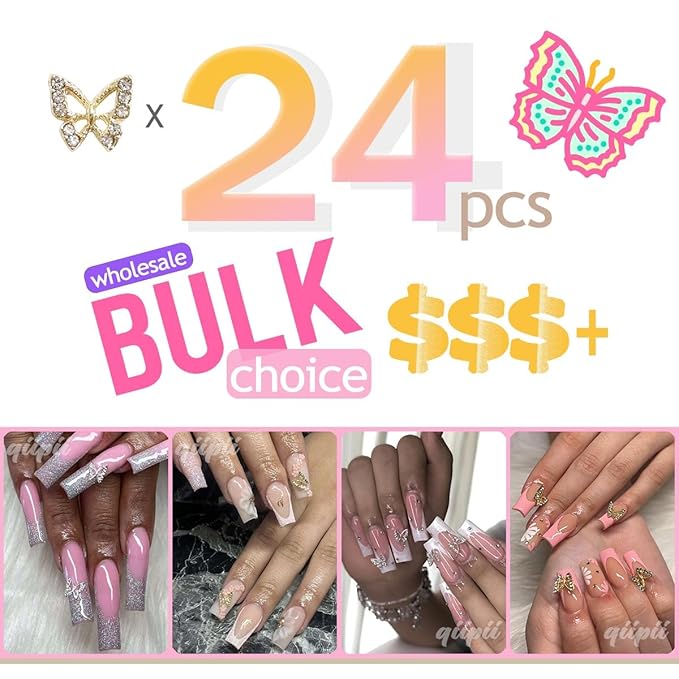 24pcs Golden Butterfly Nail Charms Bulk 3D Charms for Acrylic Nails, Gold Butterflies Nail Rhinestones Charms Nail Alloy Studs Art Jewels Diamonds Gems Decor Supplies for Nails Face Makeup DIY