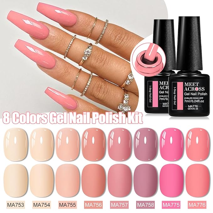 MEET ACROSS 1 Step Gel Polish Set Nail Art Manicure 3 in 1 Gel Kit Soak Off LED Gel Nail Varnishes No Need base gel top coat (Set-5, 8PCS)