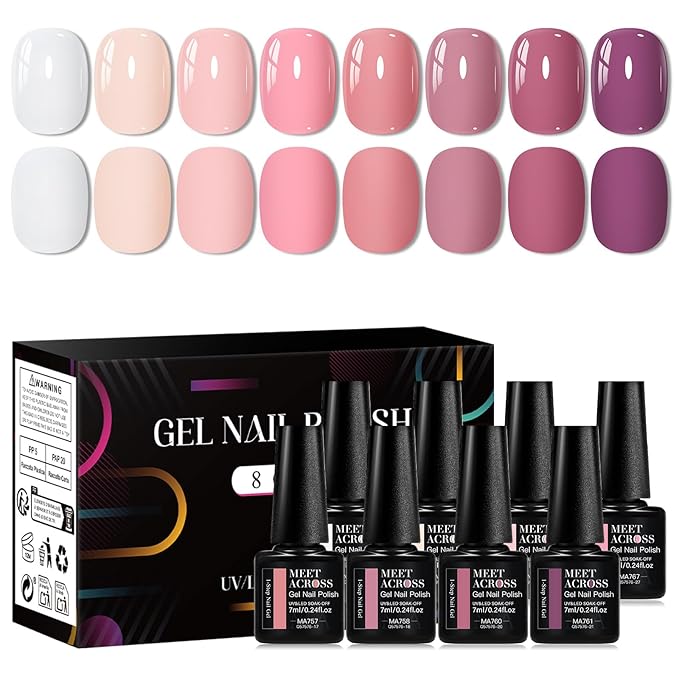 MEET ACROSS 1 Step Gel Polish Set Nail Art Manicure 3 in 1 Gel Kit Soak Off LED Gel Nail Varnishes No Need base gel top coat (Set-1, 8PCS)