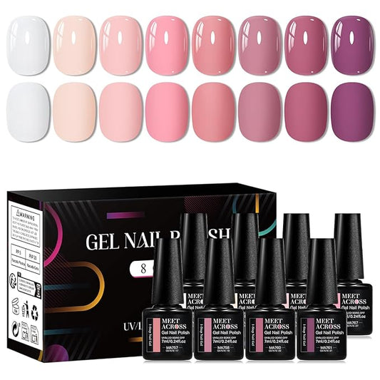 MEET ACROSS 1 Step Gel Polish Set Nail Art Manicure 3 in 1 Gel Kit Soak Off LED Gel Nail Varnishes No Need base gel top coat (Set-1, 8PCS)
