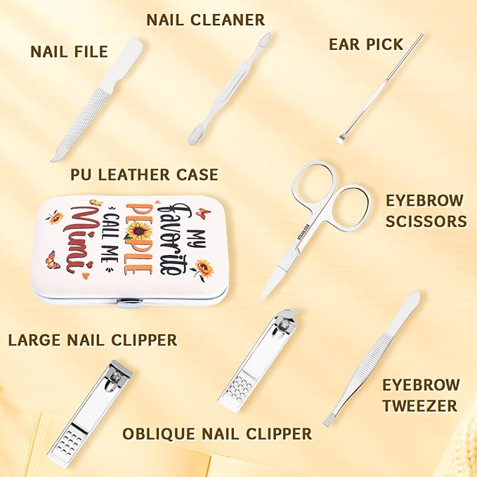 Mimi Gifts - Manicure Set – 7-Piece Stainless Steel Nail Clipper Kit for Women – Sunflower Leopard Design Travel Nail Care Gift for Mimi, Grandma – Mother’s Day Appreciation Gift