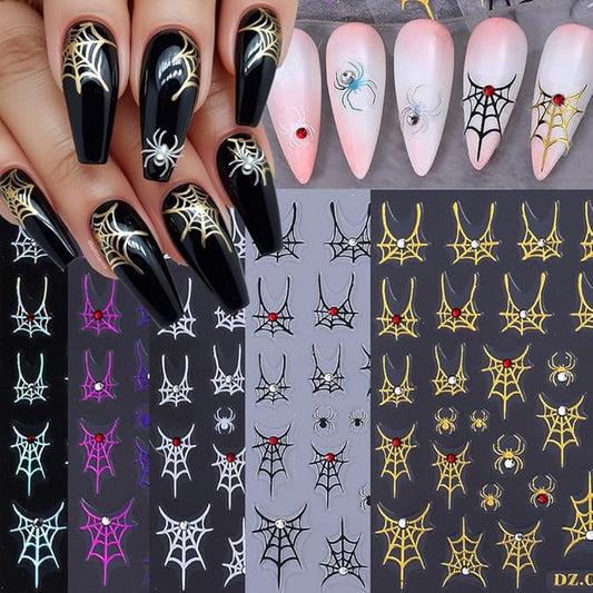 5 Sheets Halloween Nail Stickers for Nail Art, 5D Embossed Diamond Self-Adhesive Colorful Spider Web Nail Decals, Ghost Nail Supplies Design Accessories for Women and Girls Manicure DIY Decoration