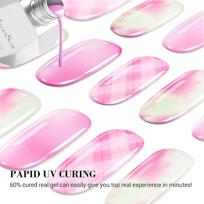 MelodySusie Semi Cured Gel Nail Strips, 20 PCS Gel Nail Stickers, Gel Nail Wraps, UV Light Required, Durable and Salon Quality (Pink Aurora)