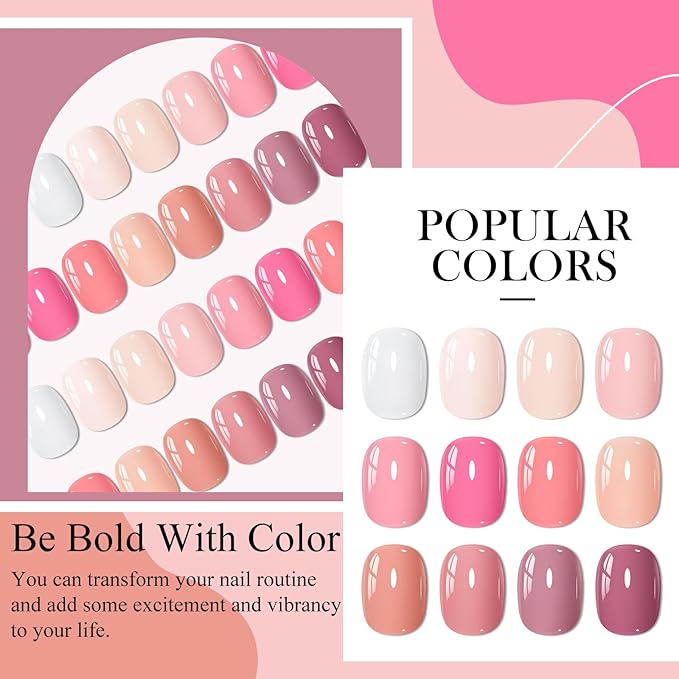 MEET ACROSS One Step Gel Polish Nude Pink Peach 3-in-1 Gel Nail Polish Set Skin Tones Neutral Soak Off Gel Nail Kit Manicure DIY Nail Art Salon Home Gift 12pcs*7ml