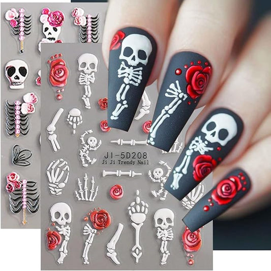 Halloween Nail Art Stickers Decals Rose Skull Skeleton Halloween Nail Design 5D Embossed Nail Decals Nail Art Supplies 2PCS Fantasy Bone Skeleton Holiday Stickers for Women DIY Manicure Decorations