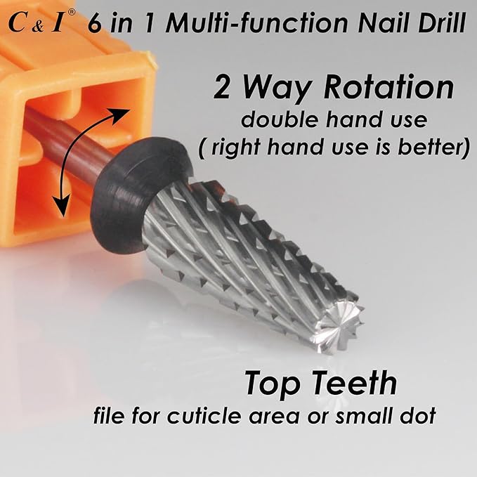 C & I Nail Drill Bit 6 in 1 Multi-Function Rounded End E File, Tungsten Steel CNC Overall Cutting, Manicure Tool for Nail Tech Quick Remove Nail Gels, Acrylic Nails (Original, Extra Coarse -XC)