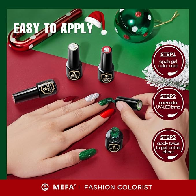 MEFA Christmas Gel Nail Polish Set, 6 Colors Burgundy Red Dark Green Glitter Gel Polish Silver Gold Sparkle Nail Polish Manicure Soak Off Salon Gifts for Women Girl