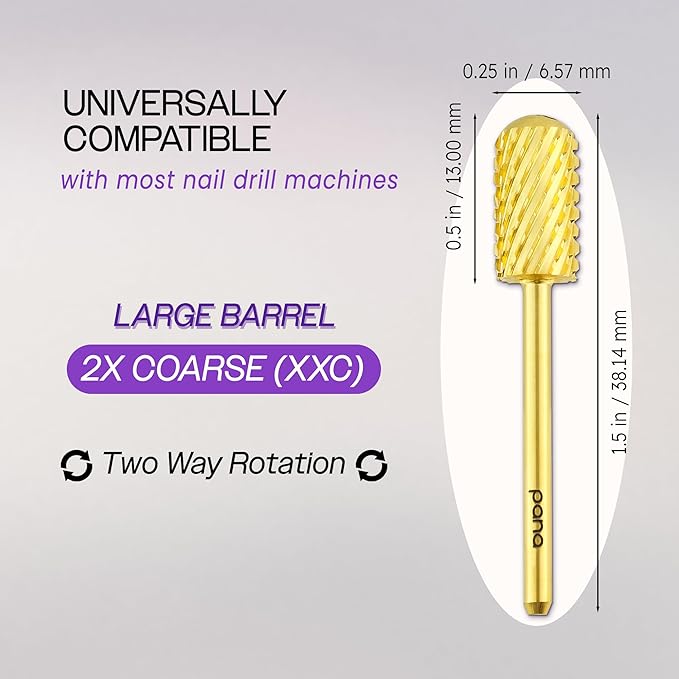 PANA 3/32" Large Smooth Round Top Safety Carbide Nail Drill Bit for Gel Polish & Acrylic Removal Nail Salon Manicure Pedicure Electric File Tools (Large Barrel - Gold, 2X Coarse)