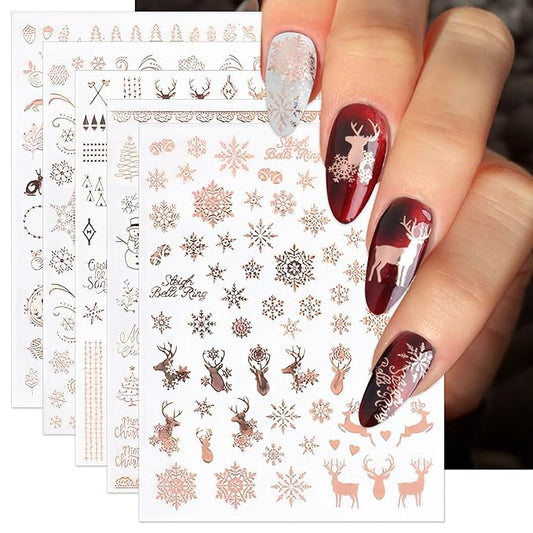 Christmas Nail Stickers, Rose Gold Self-Adhesive Nail Art Decals - 3D Snowflake Elk Design for DIY Manicure Winter Xmas Holiday DIY Nail Decorations (6 Sheets)