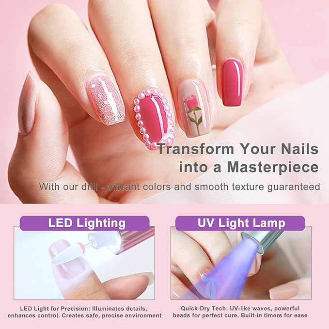 Electric Cordless Nail Drill with UV & LED Lights - 12+ Bits Kit for Gel/Acrylic/Dip Nails, Rechargeable Portable Nail File, 5 Speeds, Salon & Home Use (Gradient)