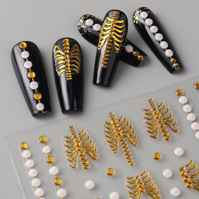 2PCS Halloween Nail Art Stickers Decals 5D Embossed Skeleton Bones Nail Stickers Horror Gold Rose Gold Skull Rose Designs Halloween Nail Art Supplies Gothic Adhesive Sliders for Women DIY Manicure